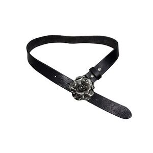 Brown Black Leather Belt Silver Rose Floral Buckle Western Boho Size 32 M